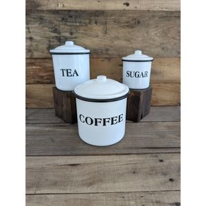 Set of 3 Farmhouse Enameled Metal Storage Containers / Coffee - Tea - Sugar